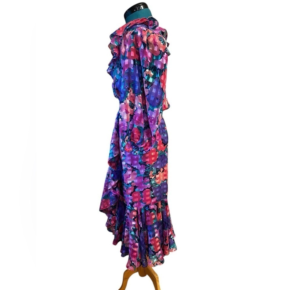 VINTAGE 80's Susan Tudor Pink Floral Midi Dress Pleated Cottagecore Ruffle S - Picture 3 of 14